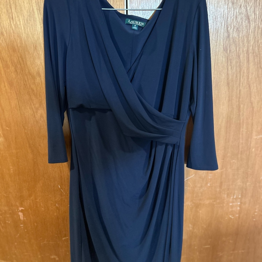 Ralph Lauren Blue Sheath Dress Ruched V-Neck